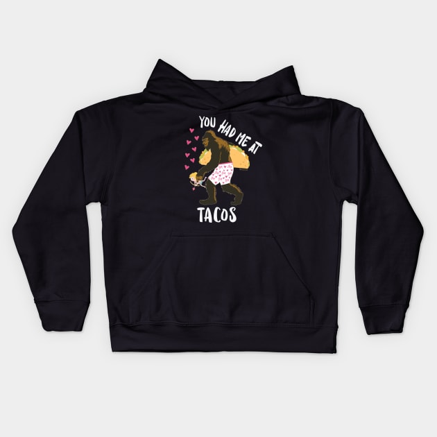 You Had Me At Tacos Bigfoot Cupid Hearts Kids Hoodie by Rosemarie Guieb Designs